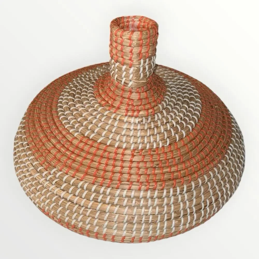 Round Wicker Decorative Basket Vase Boho Beige/Orange 16in Freestanding